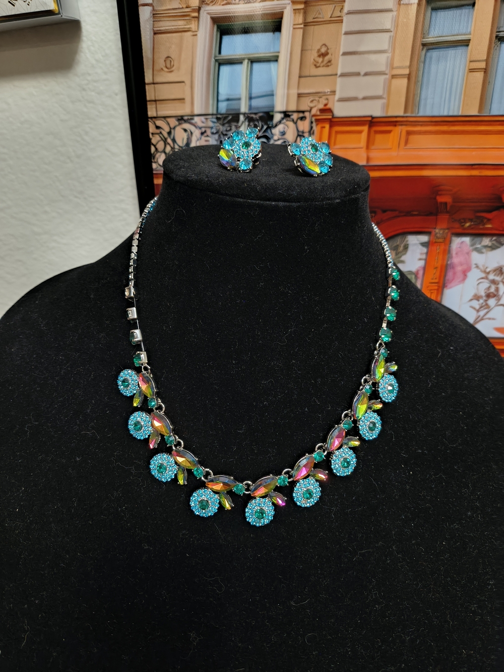 Blue Crystal Floral Necklace and Earring Set - Elegant Women’s Jewelry
